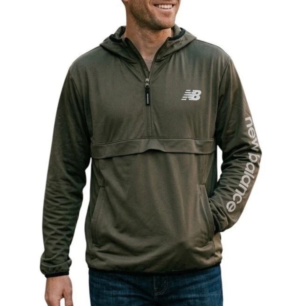 New Balance Mens Windbreaker Jacket Small Olive Green 1/2 Zip Hooded Outdoor